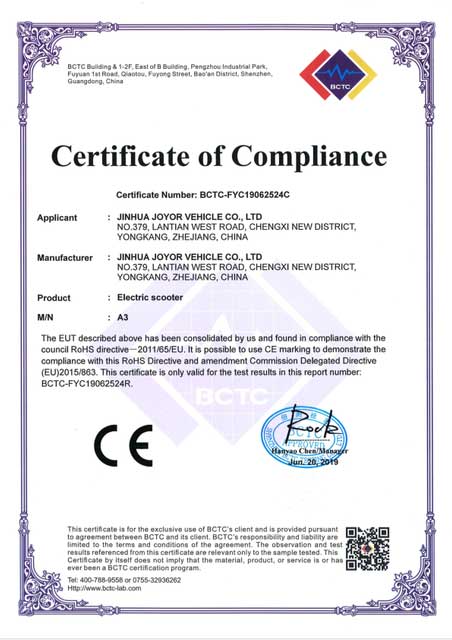 Certificato di conformità Joyor